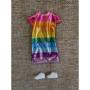 Barbie Fashionistas #90 Rainbow Bright Stripe Doll Metallic Dress & Shoes FJF50